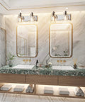 Bathroom with Chrome Vintage Two Light Vanity Fixture With Clear Glass Globe Shades over double sink vanity