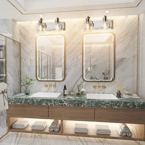 Gold 4 Light Vanity Light Fixture With Globe Clear Glass Shades For Over Mirror Bathroom, Modern Vintage Style shown over dual vanities