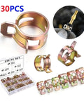 Rock Solid Assorted Worm Drive Hose Clamp Kit With 230 Pieces For Silicone Hoses And Water Pipelines That Adjust Perfectly To Fasten Pipe Joints Securely Without Any Shifting Or Leaks On All Kinds Of Air Tubes. 230-piece metal clamps in assorted sizes