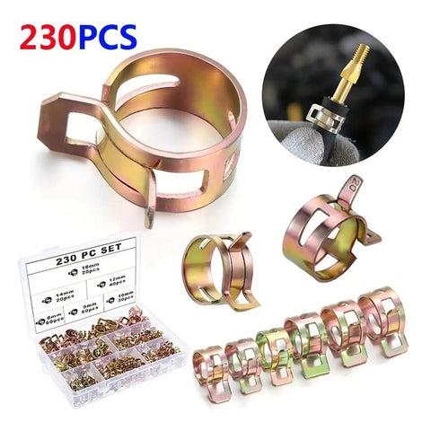 Rock Solid Assorted Worm Drive Hose Clamp Kit With 230 Pieces For Silicone Hoses And Water Pipelines That Adjust Perfectly To Fasten Pipe Joints Securely Without Any Shifting Or Leaks On All Kinds Of Air Tubes. 230-piece metal clamps in assorted sizes