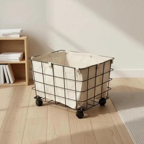 Heavy Duty Rolling Storage Basket For Toys, Smooth Swivel Caster Wheels Organizer With Removable Canvas Liner, black metal frame.