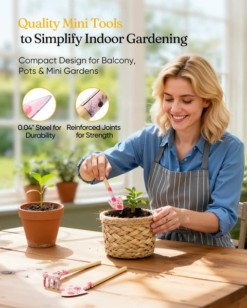 Woman using mini tools for indoor gardening on a wooden table beside potted plants, focusing on strength and durability features.