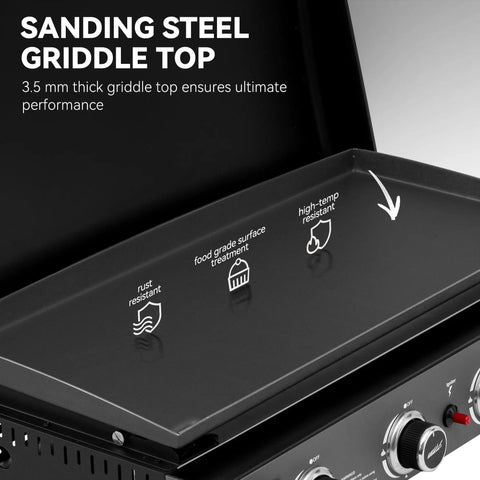 Close-up of the PD4001 4 Burner Propane Gas Griddle With Removable Cart That Converts To Tabletop, sanding steel top, black.
