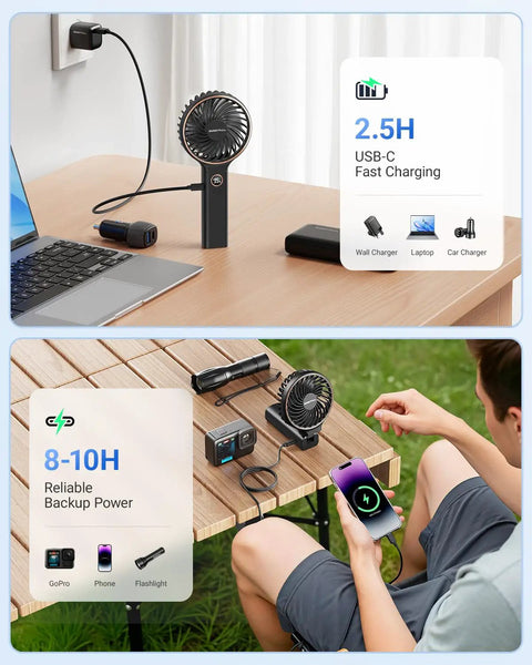 Must-Have On The Go Personal Portable Fan With 5000mAh Battery, 6 Speeds, Ultra Quiet, shown charging devices on a table