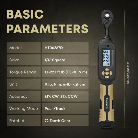 Pro-Grade Digital Torque Wrench 1/4 Drive With LED Display And Buzzer shown with specifications and dimensions