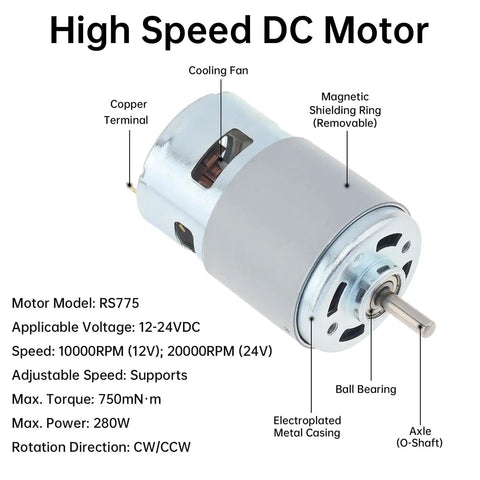 High speed RS775 DC motor with cooling fan, copper terminal, and ball bearing for Mini Table Drill Kit With 12-24V DC Motor