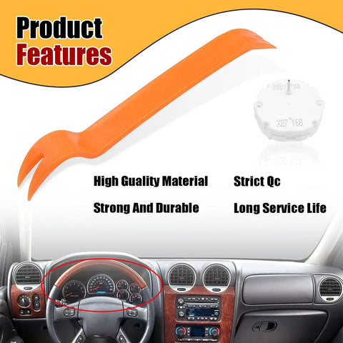 Instrument Cluster Gauge Stepper Motor Repair Kit For GM Silverado Sierra Tahoe Yukon GMC Includes Six Motors Eleven Backlight Bulbs And One Removal Tool For Quiet Reliable Replacement In Your Chevy Or GMC Dash shown with dashboard tool and gauge close-up