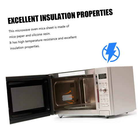 Microwave with open door showing installed mica sheet, highlighting 10 Piece Microwave Mica Sheets Set For Replacement Mica Plates Heat Resistant Insulation