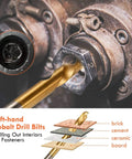 Close-up of left-hand cobalt drill bit from 49 Piece Screw And Bolt Extractor Set With Left Hand Drill Bits For Damaged Bolts And Stripped Screws Pro Grade Multi Spline Easy Out Removers For Nuts Studs And Fittings In A Heavy Duty Case used on pipe fitting.
