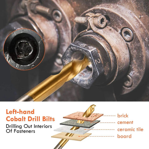 Close-up of left-hand cobalt drill bit from 49 Piece Screw And Bolt Extractor Set With Left Hand Drill Bits For Damaged Bolts And Stripped Screws Pro Grade Multi Spline Easy Out Removers For Nuts Studs And Fittings In A Heavy Duty Case used on pipe fitting.