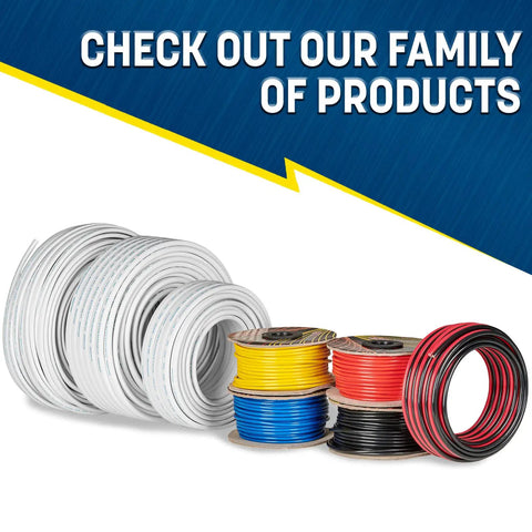 Coiled marine-grade wires including 50 Ft Duplex Marine Wire 14 AWG Tinned Oxygen Free Copper Cable With White PVC Jacket on display.