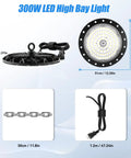 UFO High Bay LED Shop Light 6000K Daylight Bright Industrial Lighting for warehouses, shown with chain and power cable.