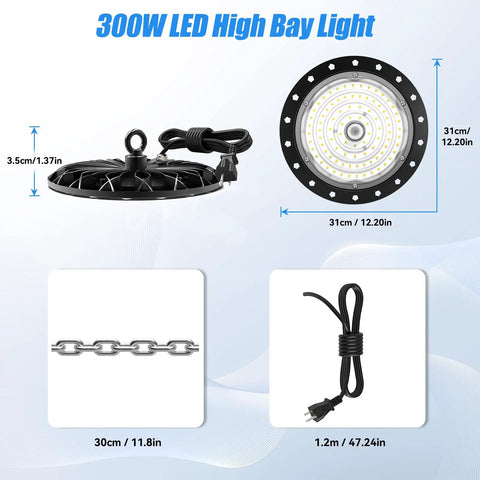 UFO High Bay LED Shop Light 6000K Daylight Bright Industrial Lighting for warehouses, shown with chain and power cable.