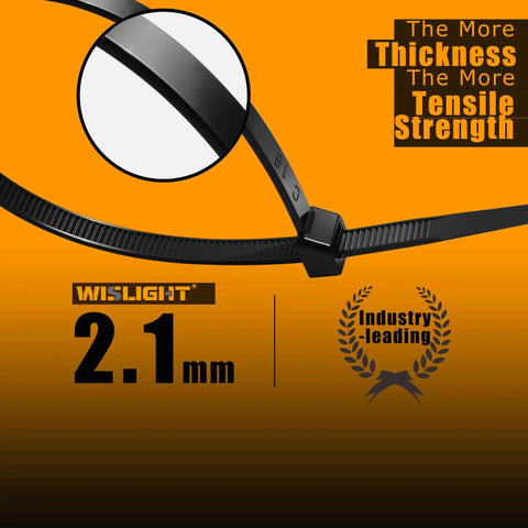 Close-up of Ultra Heavy Duty Black Zip Ties 12 Inch Long 250 Pound Tensile Strength showing 2.1mm thickness for durability.