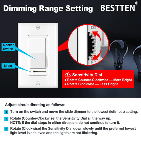 Two Pack Dimmable Light Switch For Single Pole Or 3 Way, Flicker Free With Side Adjustment Wheel, No Neutral Required, diagram.