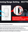 Dimming range setting for 10 Pack Dimmer Switches for Single Pole or 3 Way No Flicker Dimming, showing sensitivity dial and slider.