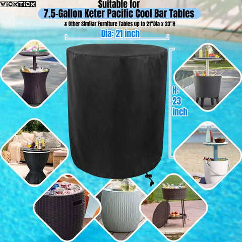 Waterproof Round Side Table Cover For Outdoor Patio Furniture And Coolers Fits 21 Inch Diameter By 23 Inch High Tables Great For Keter Pacific 7.5 Gallon Beer And Wine Cooler Wicker Coffee Cocktail Poolside Tables, shown protecting a wicker cooler by a pool.