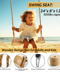 Outdoor And Indoor Wooden Swing For Adults And Kids With Adjustable Hemp Rope And Tree Straps, 24 By 8 By 1.2 Inch Wood Seat