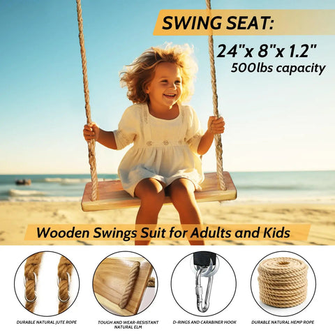Outdoor And Indoor Wooden Swing For Adults And Kids With Adjustable Hemp Rope And Tree Straps, 24 By 8 By 1.2 Inch Wood Seat