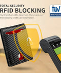 Ultra Slim Leather RFID Blocking Bifold Wallet For Men With 11 Card Slots Front Pocket Minimalist Vibe Thinner Yet Spacious Durable Premium Leather Lifetime Guarantee Gift Box Included shown with RFID protection graphic next to card scanner.