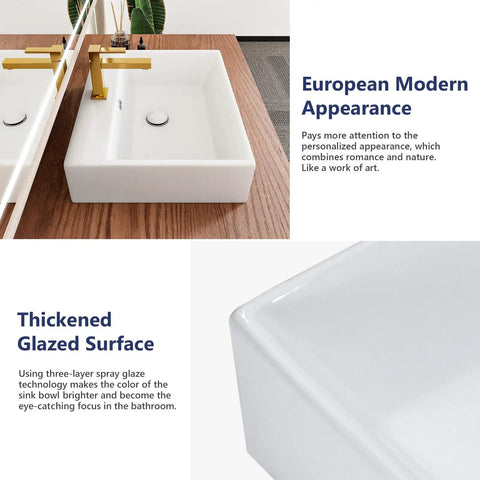 Large White Ceramic Vessel Sink 20x16.5 Inch Wall Mount With Pop Up Drain Kit on wooden countertop