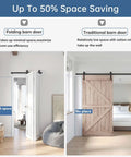 Side by side comparison of space saving folding barn door and traditional barn door using Slick 28 Inch Bifold Sliding Barn Door Hardware Track Kit.