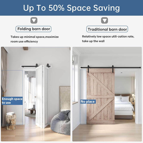 Comparison of folding barn door and traditional barn door showing space-saving benefits.