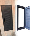 Built To Last Lockable Access Door For Crawl Spaces And Attic Walls With Smooth Heavy Duty Hinges Thick Aluminum Frame Hassle Free Inspection Panel 34 By 40 Inches Gray displayed from two angles, one closed and one open.