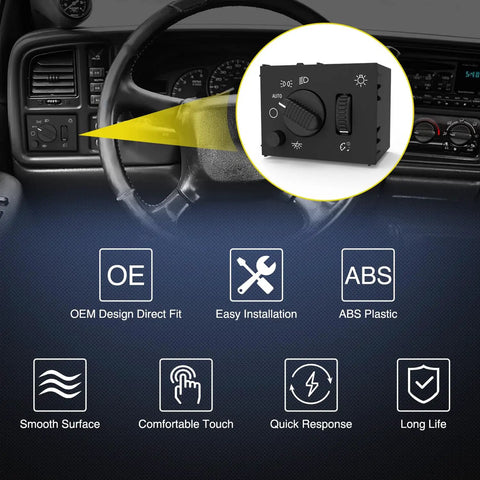 Headlight Dimmer Switch Upgrade For Chevy Silverado 2003-2007, shown with steering wheel and installation icons