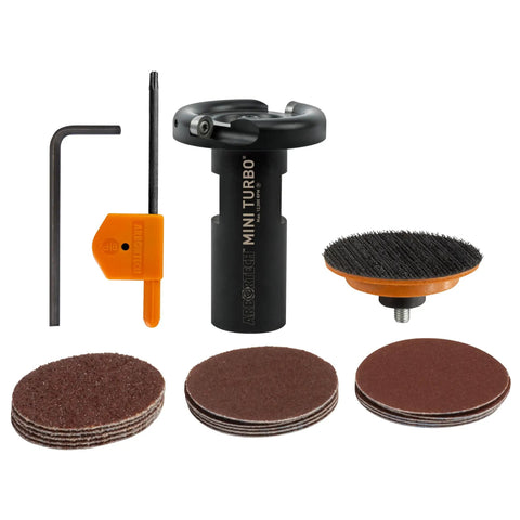 Heavy Duty Mini Turbo Angle Grinder Kit With 50 Millimeter Tungsten Cutters includes sanding discs and turbo cutter attachments.