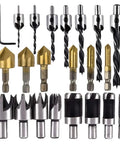 Killer Pro Grade Woodworking Chamfer And Countersink Kit Boasts Dead Nuts Accurate Hss Hex Shank Drill Bits in a 22pc set.