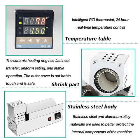 Detail of thermostat and stainless steel body of STDZQCWY 600w Digital Heat Shrink Machine For Wine And Olive Oil Bottles.