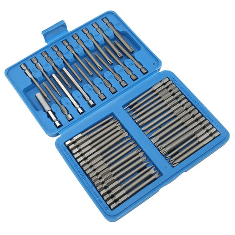 Super Cool Extra Long Security Bit Set With Magnetic Screwdriver Bits For Deep Reach Repair Jobs Including Hex Torx Star Clutch Spline And Triwing Tools To Fix Cars And Appliances With Easy Grip Access, blue case