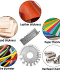 Image showing Two Pack Stainless Steel Wire And Metal Sheet Thickness Gauges demonstrating measurement of leather, wood, paper, wire, and hardware.
