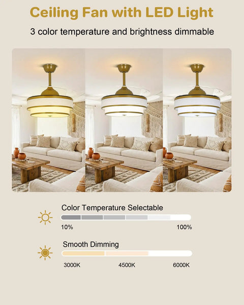 Velsgate 48 Inch Retractable Ceiling Fans with Lights and Remote in living room showcasing dimmable LED light and three color temperatures.