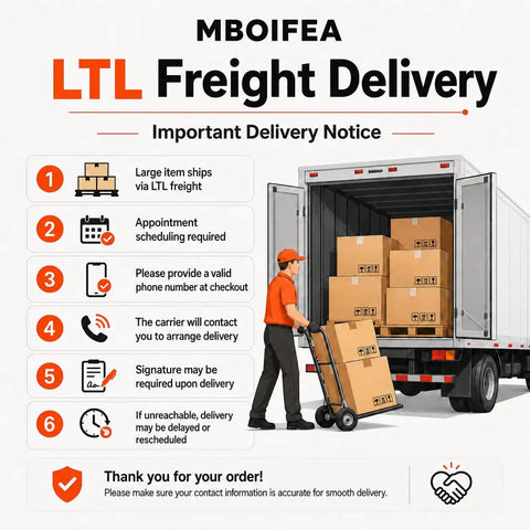 LTL Freight Delivery notice graphic with a delivery worker and boxes in a truck, highlighting shipping details.