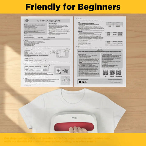 Instructions and Teflon sheet on Light Fabric Printable Heat Transfer Paper For Inkjet And Laser Printers 10 Sheets 8 By 11 Inches