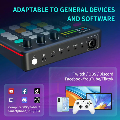 Close-up of G1 Gaming Audio Mixer And USB Interface With XLR Microphone, Bluetooth 5.0, RGB Effects, 48V Phantom Power, Voice Changer