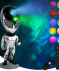 Alien night light with LED projector displaying colorful galaxy patterns, remote control, and USB cable.