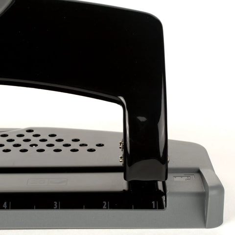 No Sweat Heavy Duty Three Hole Puncher With 20 Sheet Capacity Solid Steel Frame showing adjustable guide and ergonomic handle.