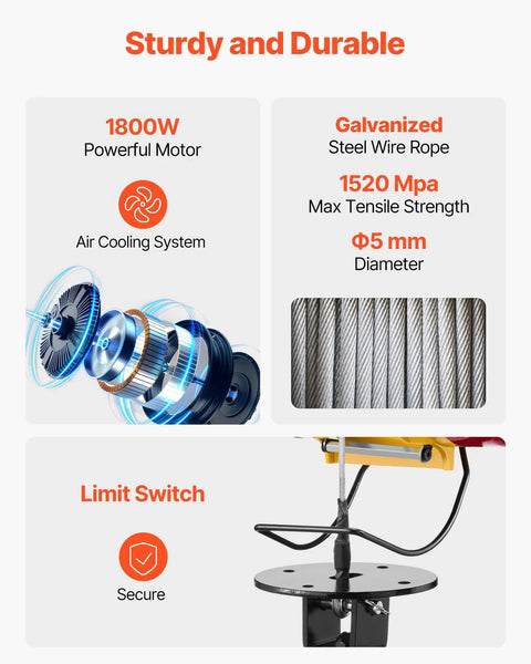 Front view of electric hoist winch with 1800W motor and galvanized steel wire rope