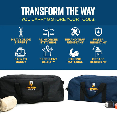 Two Tote Style Tool Bags Set For Pros And DIYers Includes Small And Medium Organizers Pro Grade Electrician Plumbing HVAC Gardening Carry Handles Heavy Duty Tool Tote Organizer For Tools Parts And Supplies displayed with features like reinforced stitching and heavy glide zippers.