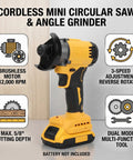 Badass 2 In 1 Cordless 3 Inch Mini Circle Saw And Angle Grinder Featuring A Brushless 12000 Rpm Motor For Wood Metal Tile And Plastic With Safety Guards For No Hassle Grinding And Sweet Precision Cuts Daily on wood background.