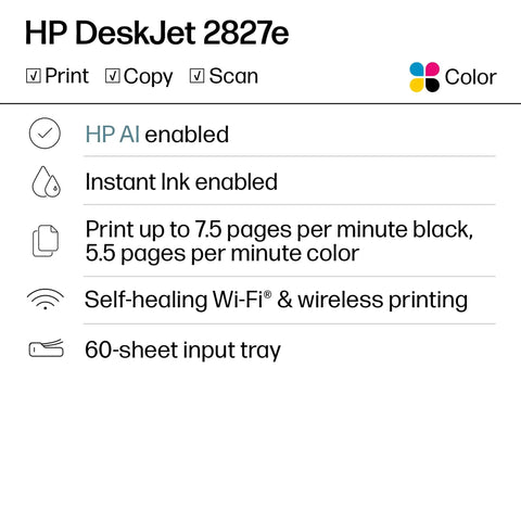 Product features of DeskJet 2827e Wireless All In One Color Printer With Scanner And Copier For Home Use AI Enabled 3 Month Ink Trial.