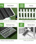 Spacious Outdoor Chicken Coop With Run For 1 To 2 Chickens, Weatherproof Hen House With Nesting Box, showing features like PVC roof, fence, pull-out tray, and ramp door, elevated design for easy cleaning, built tough gray wood.