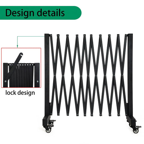 Tough 11.5 Foot Expandable Barricade Gate And Retractable Metal Crowd Control Fence With Smooth Rollin Wheels showing lock design.