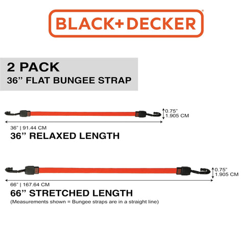 36 Inch Flat Bungee Straps 2 Pack With Coated Steel Hooks And Easy Grip Pad Black And Orange Flat Design in relaxed position