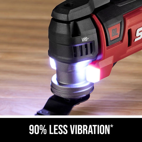 Close-up of Beast Mode Ready PWR CORE 20 Brushless 20V Oscillating Tool Kit in action on wooden surface