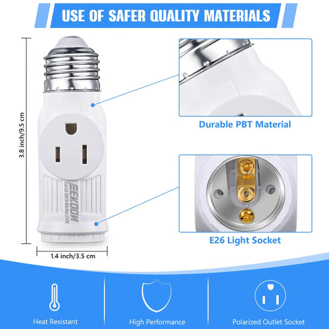 E26 Light Socket To Plug Adapter Converts Socket Into Grounded Three Prong Outlet While Keeping Bulb Holder Two In One For Garage Porch And Utility Areas White, showing dimensions, PBT material, and socket