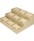 Multi Grid Watch Organizer Tray With Linen Padded Sections, khaki, three-tier design, ideal for jewelry display.